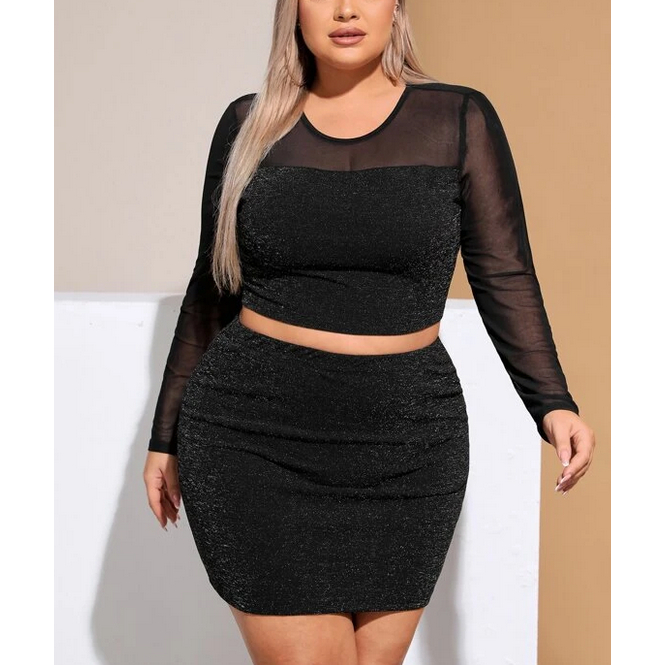 Conjunto Glamour Blusa Cropped Brilho e Saia Curta Colada Lurex Plus ...