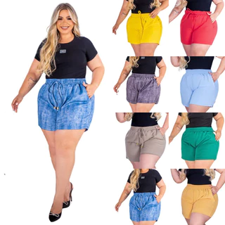 KIT 3 Shorts cós alto com elástico e bolsos plus size GG G1 G2 G3