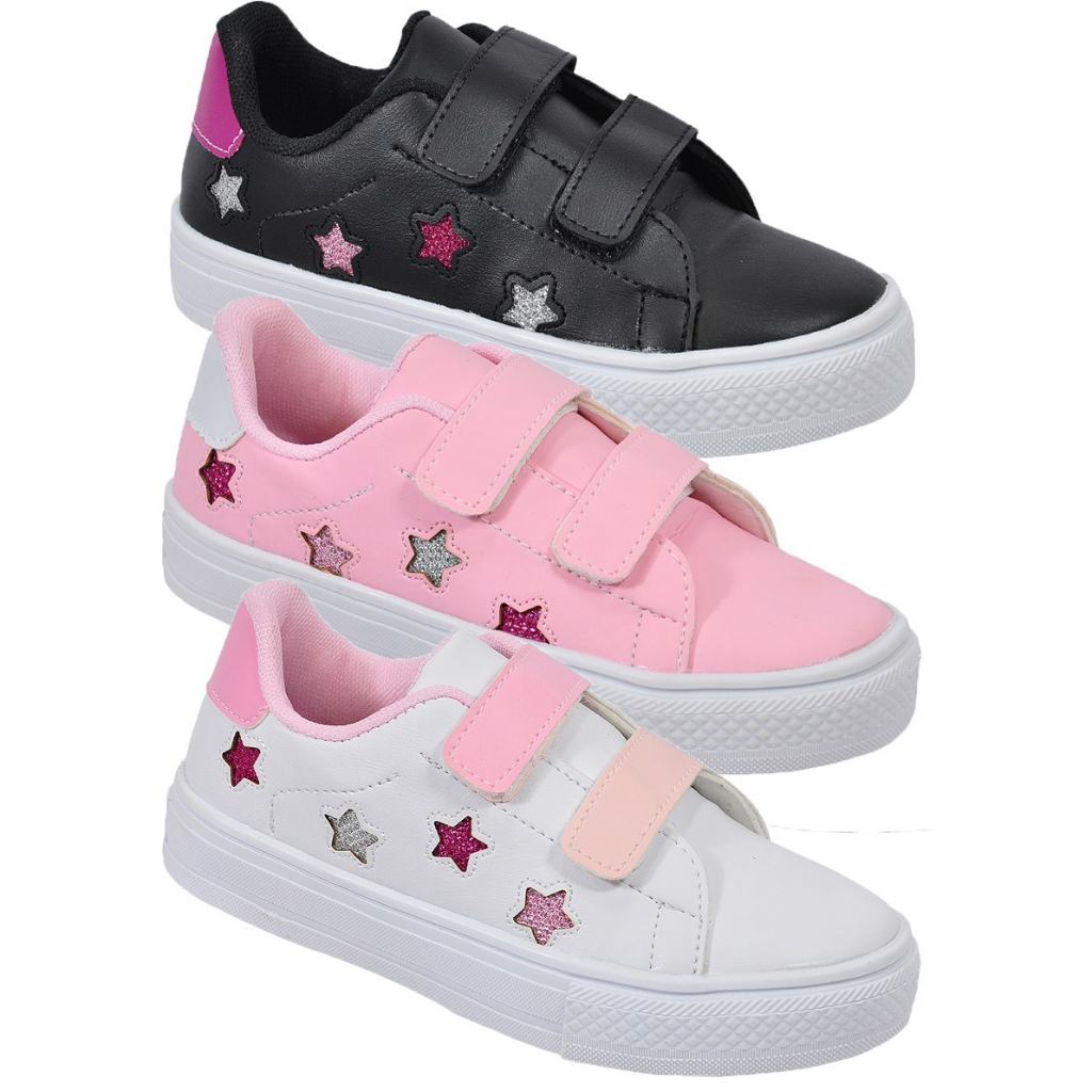Kit Tênis Infantil Feminino Estrela Brilho Casual Escolar