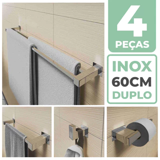 Kit Acessórios Banheiro/lavabo [4 Peças] Aço Inox 304 [Q4C] Toalheiros Ganchos Ferragens de banheiro Inox Acessórios de toalheiros Labavo Nicho Prateleira Peça inox Conjunto metal Suporte em inox Porta toalha