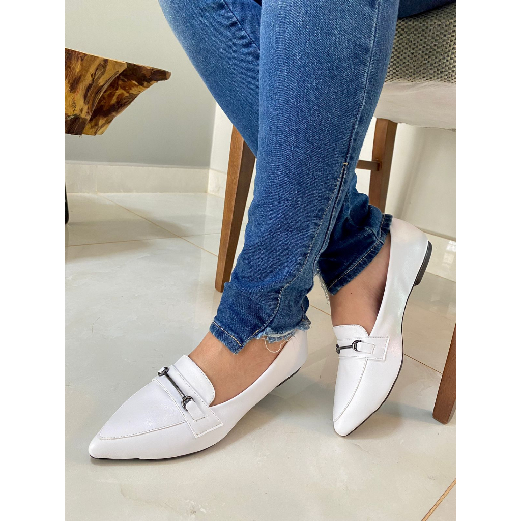 Sapatilha Feminina Mocassim Bico fino Casual Confort Napa Branco