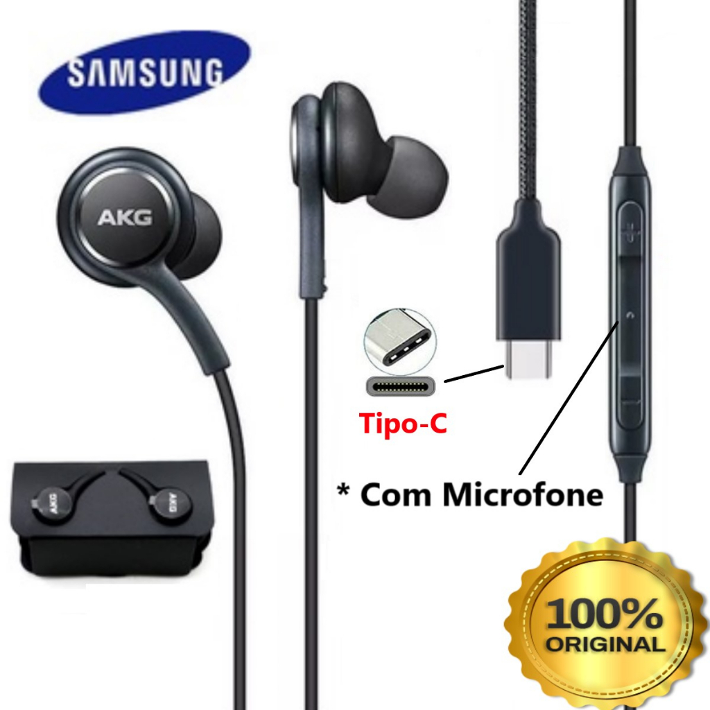 Fone De Ouvido Tipo-C Samsung AKG Estéreo Intra-Auricular Volume Alto Som Nítido Com Microfone Cabo Mais Resistente Galaxy s20 Plus s21 Plus Fe Z Flip Fones Entrada Tipo-C Usb-c Compatível Todos Aparelhos