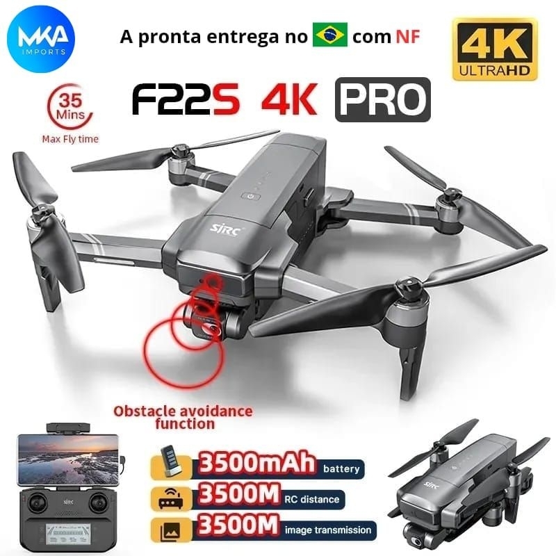 Drone F22s Pro 4k com Câmera Sensor 3km GPS Gimbal 2 Baterias + Maleta