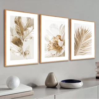 Quadro Decorativo Com Moldura Sala Quarto 40x60 Folhagem Dourada Moderna