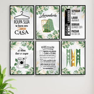Kit 6 Quadros Lavanderia Regras Roupa Suja Folhas 20x28cm