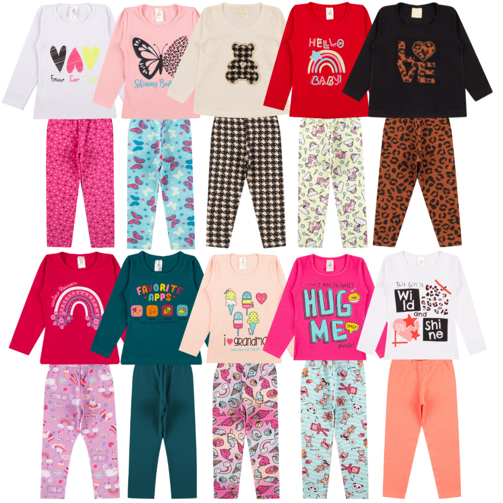 Kit Sortido 6 Peças de Roupas Feminino Infantil Inverno e meia estação – 3 camisas manga longa + 3 calças legging de 1 ao 10 – Promoção – Kit 3 Conjuntos Blusa manga longa e legging cotton Infantil Menina
