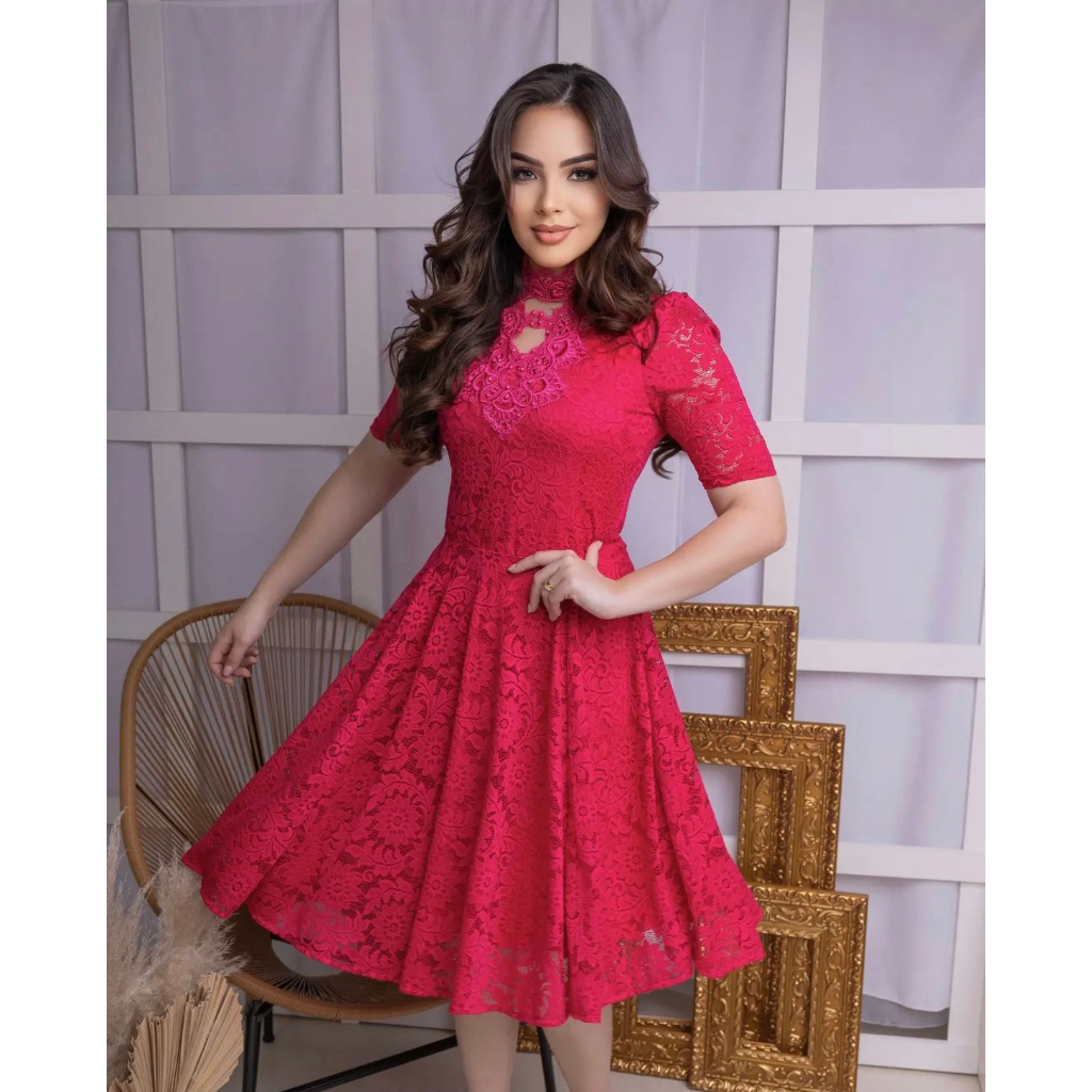 Vestido midi 2024 rodado renda