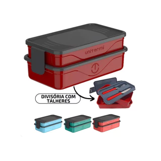 Marmita Fit com Divisória Dupla Pote 1,3 Litros Talheres Garfo Faca Inox Lancheira Volta as Aulas
