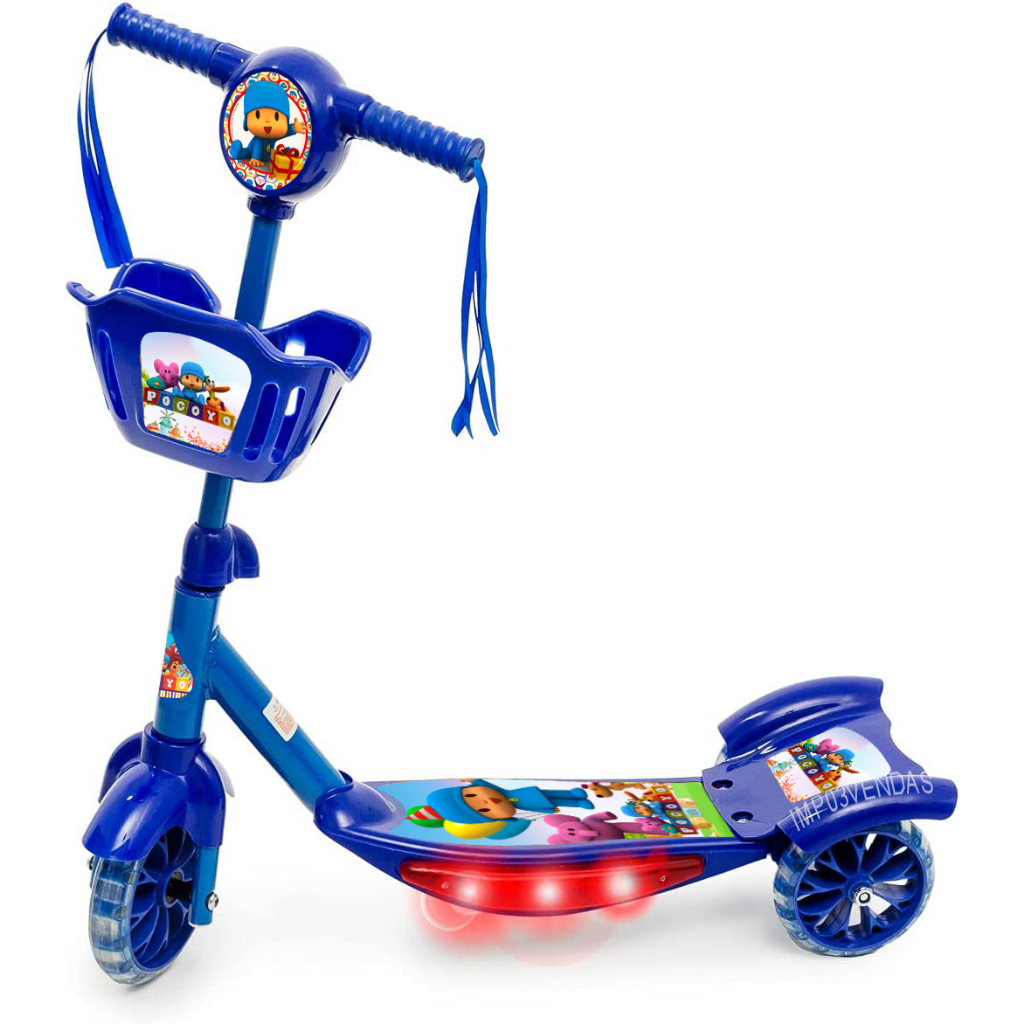 Patinete 3 Rodas Infantil Pocoyo Cesta Luz Musica Diversão da Criança Bonito Forte e Resistente