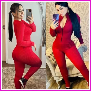 Macacão 3D Canelado Luxo Virgínia Vermelho Manga Longa Gola Alta Com Zíper Invisível