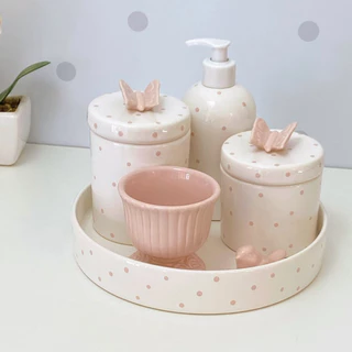 Kit Higiene bebê porcelana borboleta rosa seco