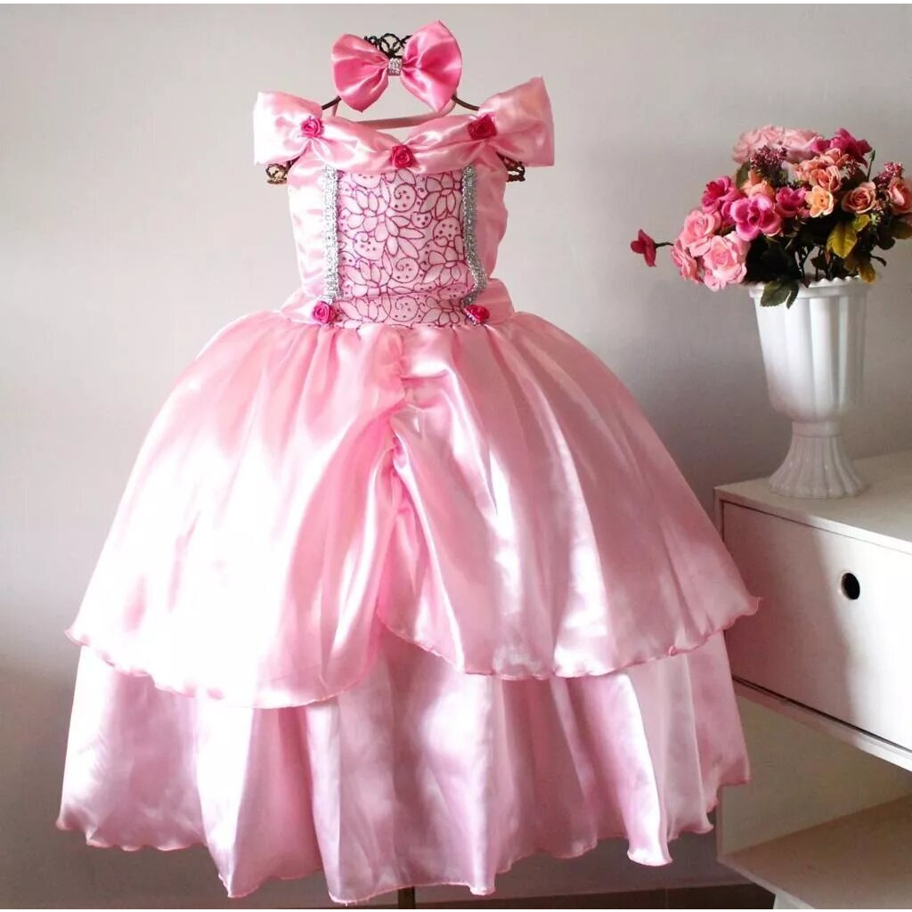 Vestido Fantasia Infantil Aurora Rosa Luxo e Tiara Shopee Brasil
