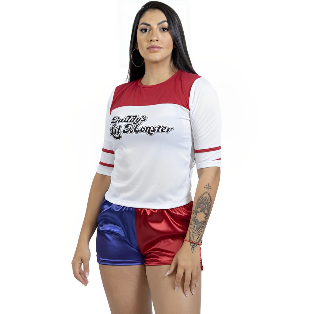 Esquadrão Suicida Arlequina Palhaço Roupa da Garota Jaqueta T-shirt Shorts  Conjunto de Três Peças Oz