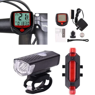 Kit de Acessórios para bicicleta com Lanterna frontal + Pisca Traseiro + velocímetro com fio