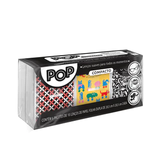 Lenço de Papel Pop Compacto 6 Pacotes com 10 Lenços Folha Dupla 20,5cm x 20,5cm Cada