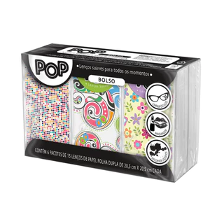 Lenço de Papel Pop Bolso 6 Pacotes com 15 Lenços Folha Dupla 20,5cm x 20,5cm Cada