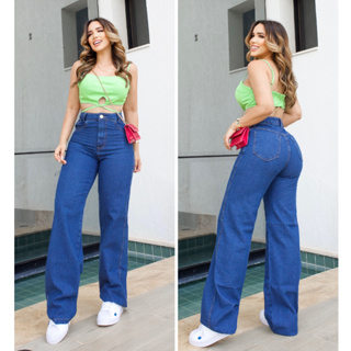 Calça Wide Leg Jeans Feminina Pantalona Cintura Alta 100% Algodão