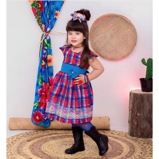 Vestido Infantil de Festa Junina Xadrez Preto Saia Camadas + Flores  Aplicadas