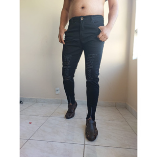 Calça Super Skinny Masculina Com Lycra Jeans Ziper na Perna