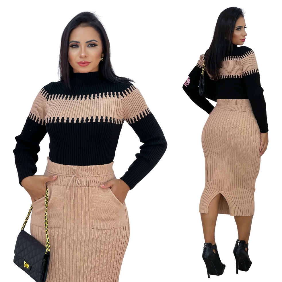 Conjunto Em Tricot Saia Midi E Blusa Mangas Longa Linda Moda | Shopee ...