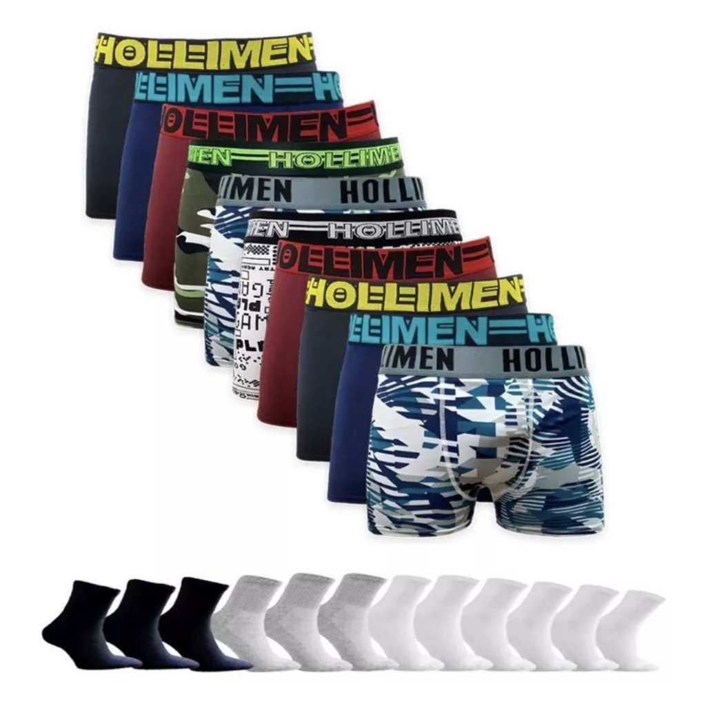 Kit 5 Cuecas Box Boxer Microfibra + 6 Pares de Meia Algodão