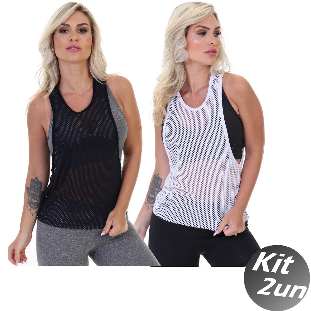 Kit 2 Camiseta Regata feminina Fitness Cavada Tela Blusa Academia ...