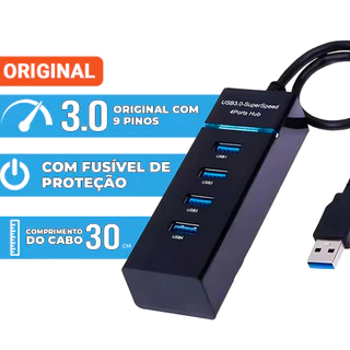 Hub USB 3.0 4 Portas Alta Velocidade 5 Gbps Com fusível de Proteção e tomada de alimentação 5V