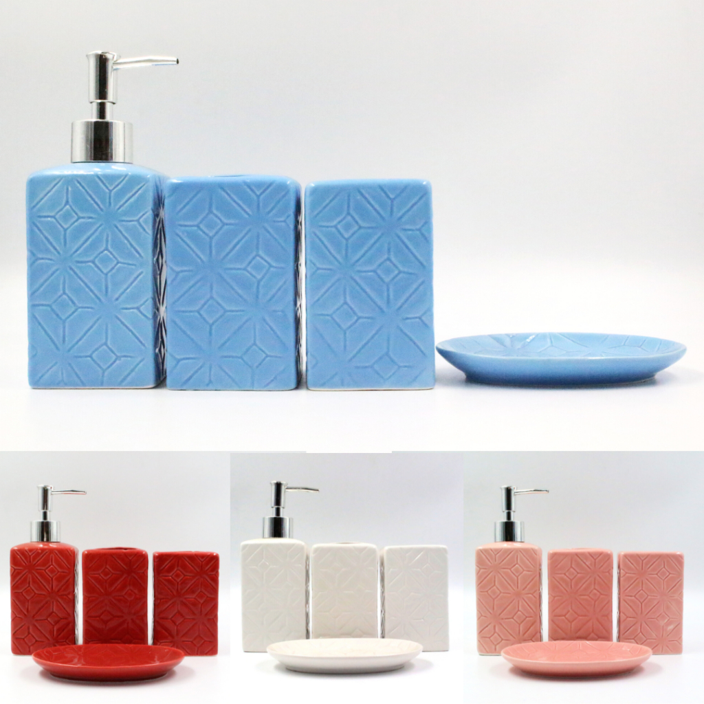 Kit de Banheiro Cerâmica 4 Peças Porta Sabonete Líquido /Saboneteira/Porta Escova/Porta algodão
