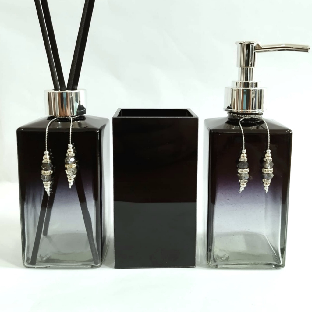 Kit Banheiro Difusor Aromatizante e Lavabo e Porta Escova de Vidro Luxo Squere