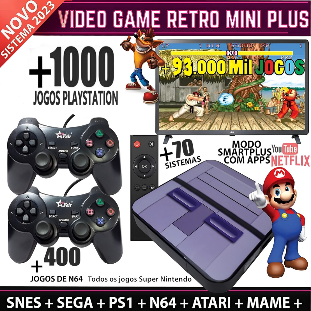 Console Infanto 3 - Video Game Retrô com 20 mil jogos antigos (2 controles  com fio) + Pendrive 32gb com jogos de PS1 - Infanto Games