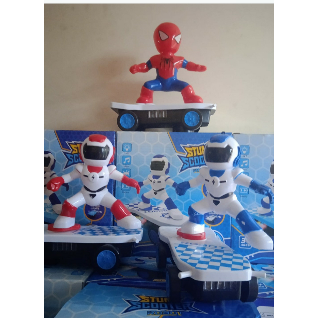Boneco brinquedo Robô com skate bate e volta com luz colorida e som criança