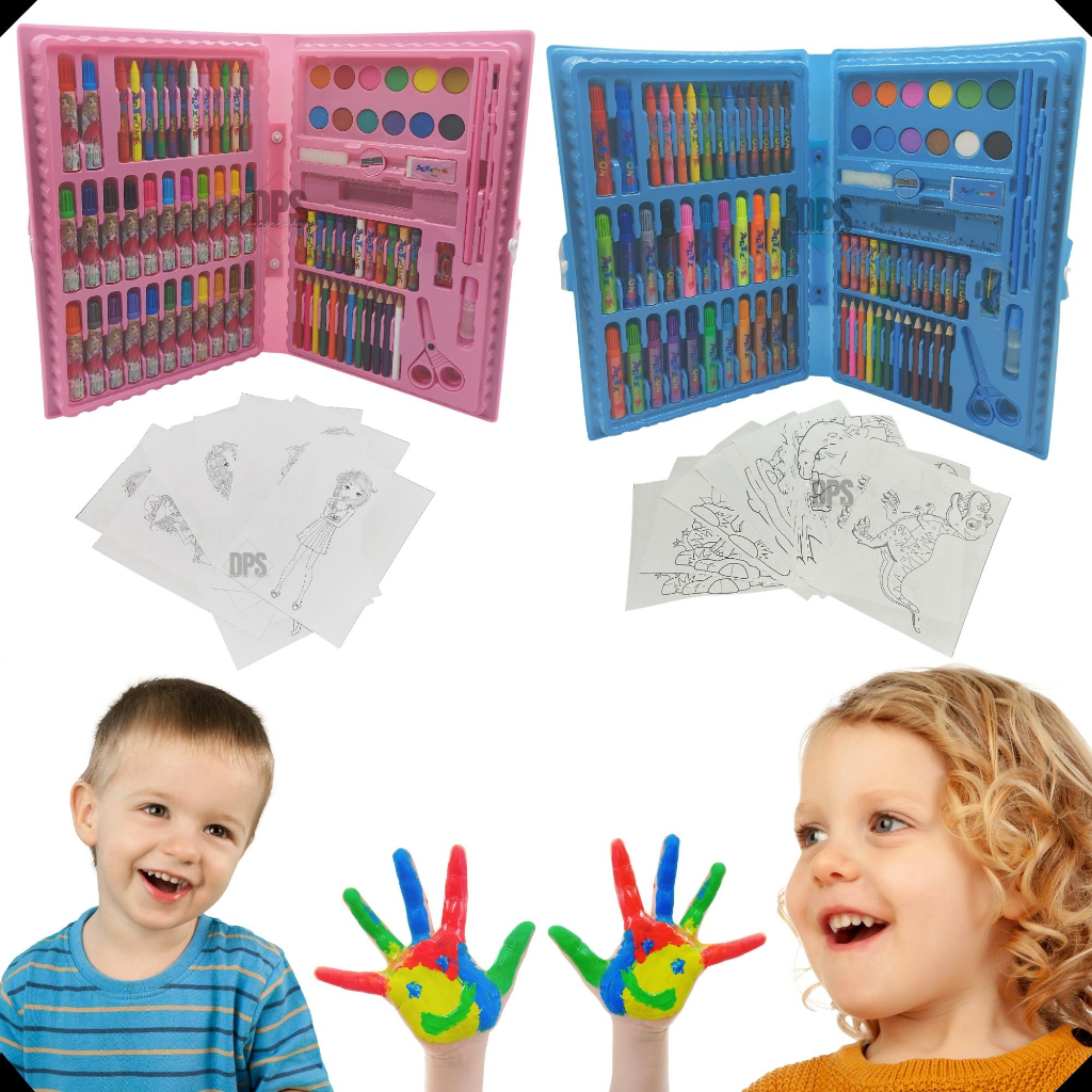 Estojo Pintura Infantil Maleta Estojinho Maletinha Escolar Kit 98 Peças Giz Canetinha Tinta Aquarela Desenhos Colorir Papelaria Presente
