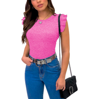 Blusa Feminina Canelada com Babado Regata Gola Redonda - blusinha babadinho  moda blogueira