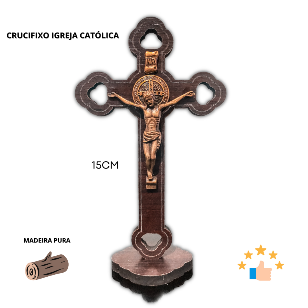 Crucifixo de Mesa 15cm Madeira Premium - Cruz Católica Original