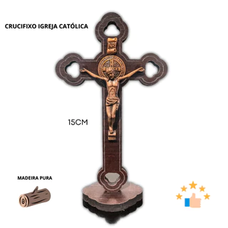 Crucifixo de Mesa 15cm Madeira Premium - Cruz Católica Original
