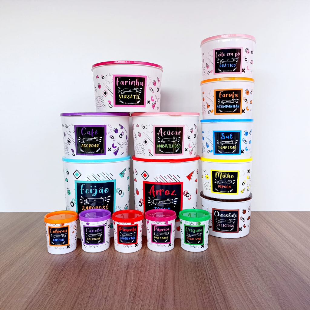 Kit Conjunto 15 Potes Porta Mantimentos e Condimentos Coloridos