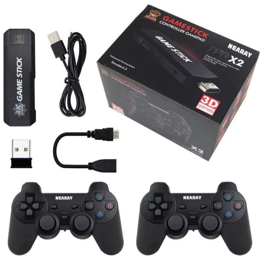 Vídeo Game Stick 3D ‼️2 Controles S/fio Retro 64GB ( 20000 jogos) (Cx laranja) Incluído jogos de PS1 e PS2