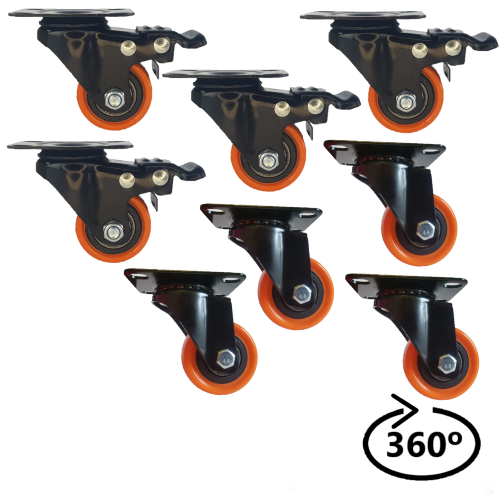 Kit 8 Rodízios Reforçados Com Freio e Rolamento 50mm Para Móveis Pesados