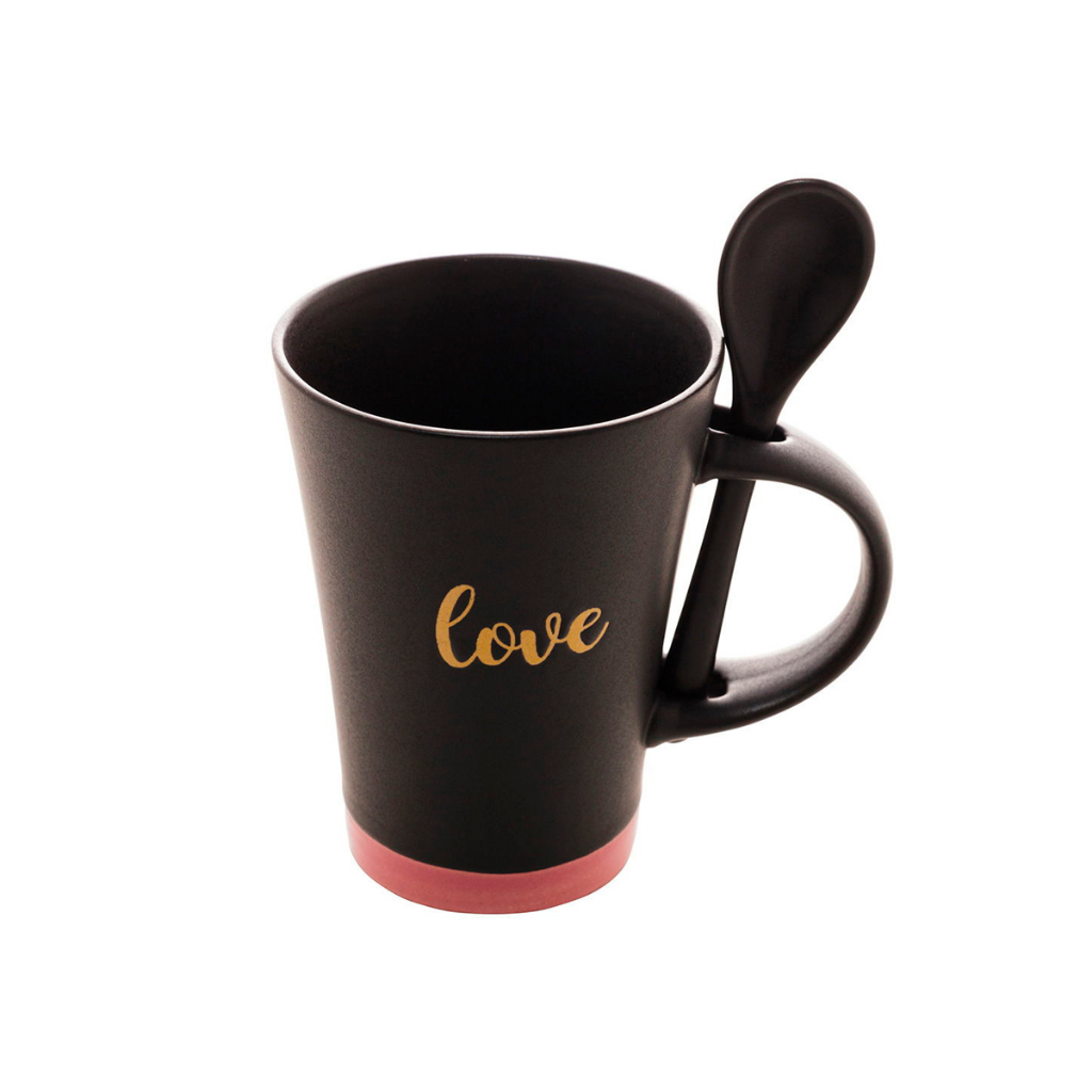 Caneca de Cerâmica com Colher para Café ou Chá Xicara Grande com Alca Preto Matt 310ml