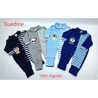 KIT COM 4 - Macacão bebê suedine com detalhe listrado