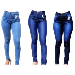 Calça Skinny Jeans Azul Básica Com Lycra Cintura Alta Empina