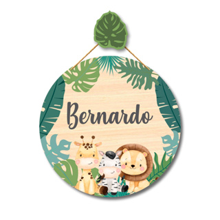 Enfeite Porta Maternidade Safari Bichinhos Nome Personalizado Placa Flâmula Redonda + Pendurador Incluso