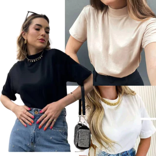 T-shirt lisa feminina , gola alta e mangas media , baby look , blusa Algodão