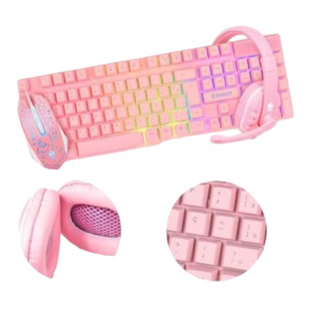Teclado Mouse Fone Gamer Conjunto Evolut Kit Starter Rosa Barbie