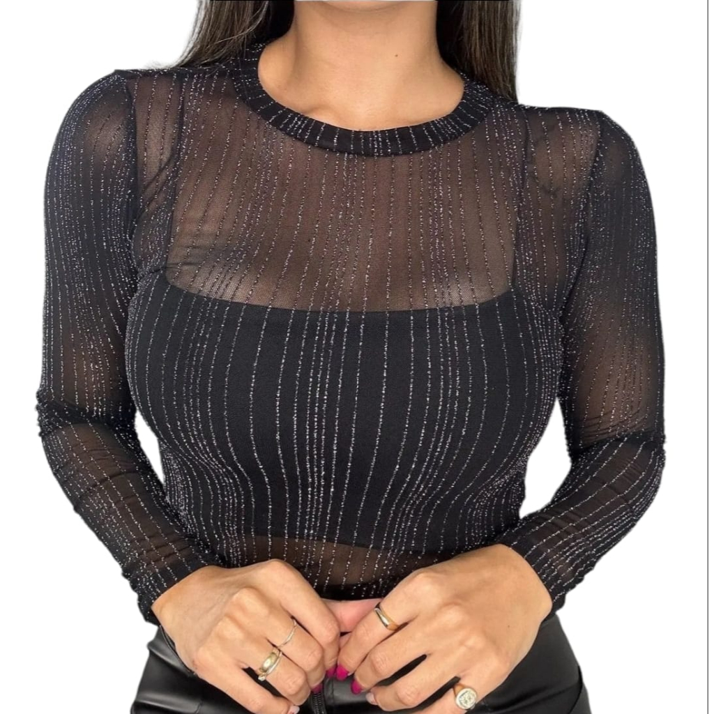 Body Feminino Transparente Manga Comprida Tule Preto Fio Em Lurex