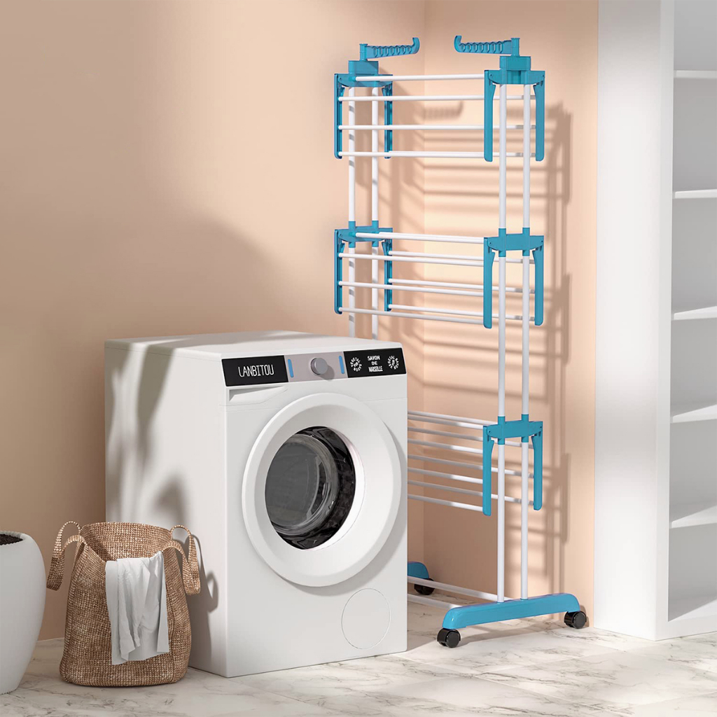 Varal Chão Roupas 3 Andares Retrátil Dobrável Aço Inox Altura 180cm AZUL