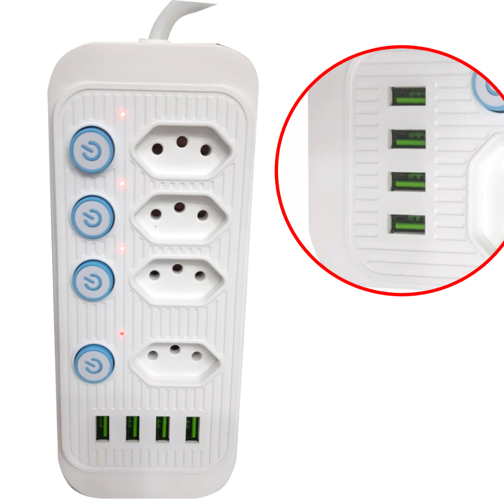 Régua de Tomadas Extensão Elétrica 4 Tomadas 4 USB Bivolt | Shopee Brasil
