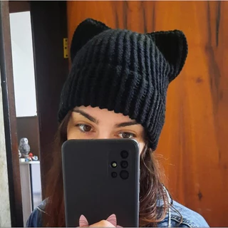 Touca Gorro com orelhas de gato em Tricô