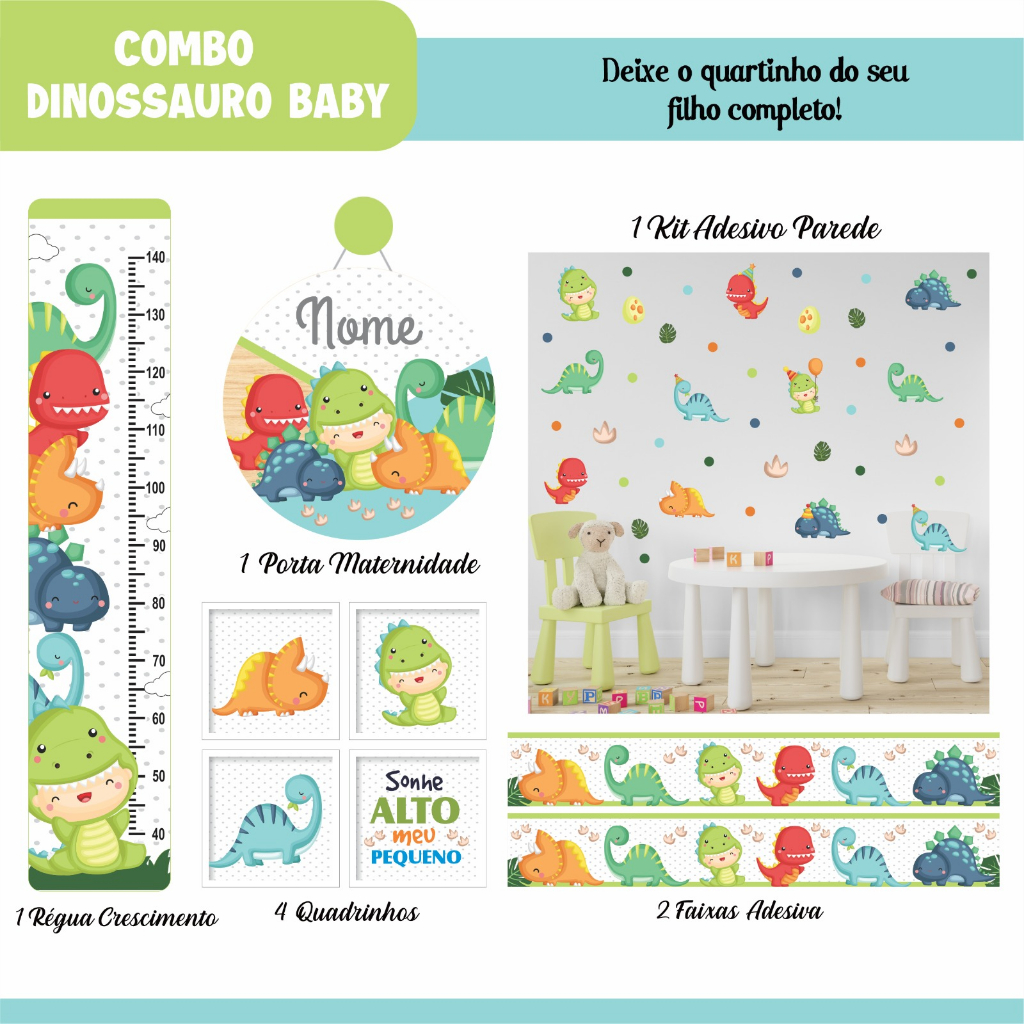 Adesivo para Porta Dinossauro Baby Desenho Verde Com Nome - Fran Adesivos  de Parede