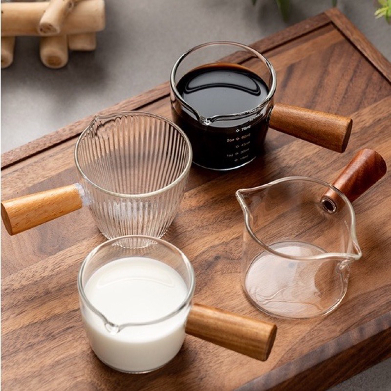 Caneca / Copo Medidor De Vidro Transparente Com Bicos De Madeira Resistente Ao Calor Para Café / Copo De Leite